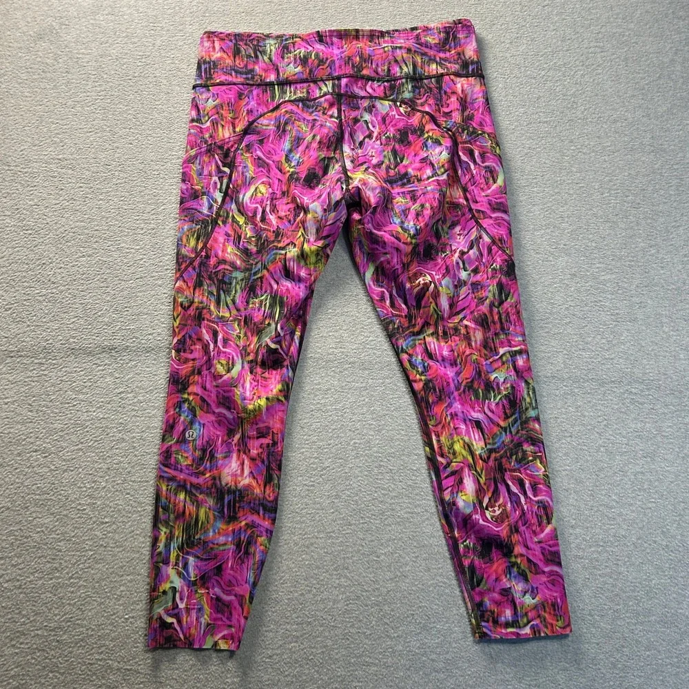 Lululemon High Rise Leggings Womens 14 Pink Purple Abstract Yoga Athletic Pocket